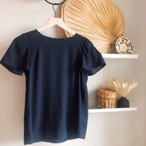 Ann Taylor Dark Blue Flutter Short Sleeve Blouse | Petite XS / XSP